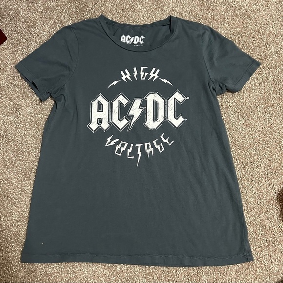 AC/DC Band High Voltage Logo Reprint Tee Size M Grey and White Women Fit - Picture 1 of 8